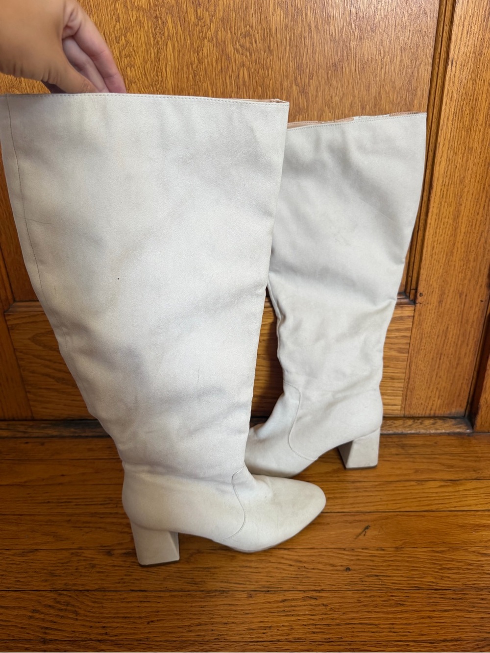 Wide calf Women's Knee-High Block Heel Boots in Light Cream